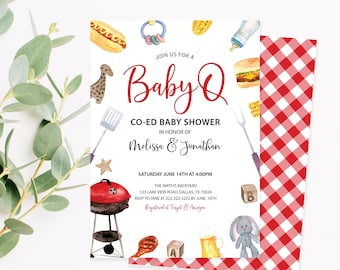 Editable Baby Q Invitation, BBQ Baby Shower Party Invite, Summer Gender Neutral Baby Shower Coed Red Gingham Corjl Template