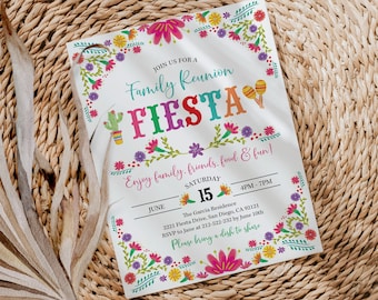 May include: A white invitation with colorful floral borders and the text "JOIN US FOR A Family Reunion FIESTA Enjoy family, friends, food & fun! JUNE SATURDAY 15 4PM-7PM The Garcia Residence 2221 Fiesta Drive, San Diego, CA 92121 RSVP to Jane at 212-522-232 by June 10th Please bring a dish to share"