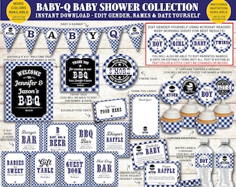 Baby Q Shower Boy Decorations Navy Blue Printable, BBQ Baby Shower Decorations Package Blue, Couples Baby Shower, DIY Printable PDF Files