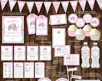 Elephant Baby Shower Decorations, Pink Elephant Baby Shower, Girl Baby Shower, Personalized Printable PDF Files, INSTANT DOWNLOAD