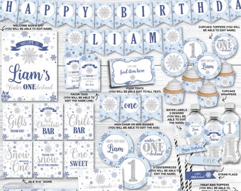 May include: Winter Onederland 1st Birthday party printable collection in blue and silver with snowflakes. Includes editable items such as a banner, cupcake toppers, water bottle labels, favour tags, and more. Download instantly and edit with Adobe Acrobat Reader.