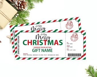 May include: A printable Christmas gift voucher template with a red and green striped border. The voucher says "Merry Christmas" and "Surprise! You're getting [Gift Name]" with spaces to fill in the recipient's name, the giver's name, and the gift name.