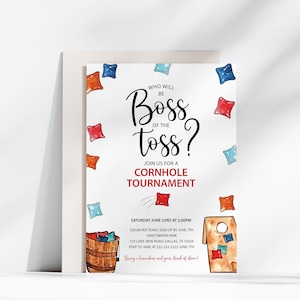 Editable Cornhole Tournament Invitation, Boss Of the Toss Backyard House Party invite, Cornhole Any Occasion Corjl Template