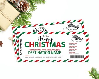 May include: A printable Christmas cruise ticket with a red, white and green striped border. The ticket says "Merry Christmas" and "Pack your bags, you're taking a cruise to [Destination Name]" with a space to write a personal message.