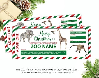 May include: A printable Christmas gift certificate for a zoo membership. The certificate features a red and green striped border with a message that says "Merry Christmas! Surprise! You're going to the [Zoo Name]" and a message at the bottom that says "Surprise! We got you a 1-year membership at the zoo. It's going to be a roaring good time! Love, Mom & Dad".