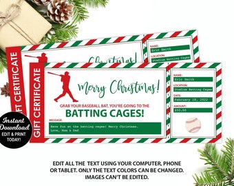 Editable Batting Cages Gift Certificate, Baseball Gift Ticket, Christmas Gift, Surprise Ticket Gift, Printable Gift Card, Experience Gift