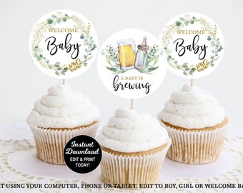 A Baby is Brewing Cupcake Toppers, Beer Baby Shower Decoration, Cupcake Picks, Editable Cupcake Toppers, Brewery Coed Baby Shower