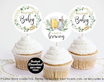 A Baby is Brewing Cupcake Toppers, Beer Baby Shower Decoration, Cupcake Picks, Editable Cupcake Toppers, Brewery Coed Baby Shower