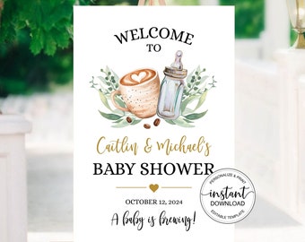 Editable Coffee Baby Shower Welcome Sign, A Baby is Brewing Baby Shower Easel Poster Gender Neutral Greenery Corjl Template 0018