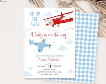 Airplane Baby Shower Invitation, Editable Vintage Travel Baby Shower Invite Template, Printable Invitation, Baby Boy Instant Download