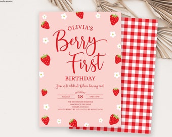 Editable Strawberry Birthday Invitation, Berry First 1st Birthday Party Invite Printable, Girl Blossom Corjl Template