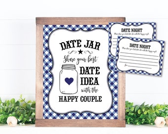 Date Night Jar Sign and Cards, Date Suggestions I do BBQ Game Date Night Ideas Navy Blue Gingham Bridal Shower Activity, Couples Engagement