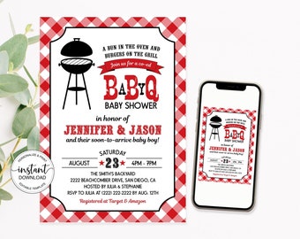 Baby Q Shower Invitation Bun In the Oven Invite, Coed BBQ Baby Shower Red Gingham Summer Baby Shower Editable Printable Corjl Template