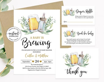 Editable A Baby is Brewing Invitation Bundle, Beer Baby Shower Invitation Package Coed Baby Shower Diaper Raffle Book Request Thank You Card