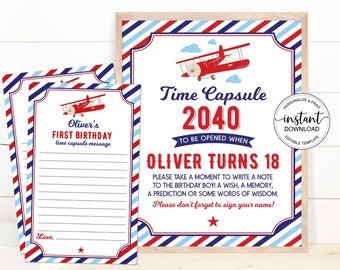 Airplane Birthday Time Capsule First Birthday Sign & Card, Airplane birthday decoration, Boy 1st Birthday Instant Download