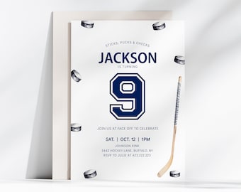 May include: A white hockey-themed birthday invitation with a blue number 9, a hockey stick, and hockey pucks. The text reads "STICKS, PUCKS & CHECKS JACKSON IS TURNING 9 JOIN US AT FACE OFF TO CELEBRATE SAT. OCT. 12 | 1PM JOHNSON RINK 3442 HOCKEY LANE, BUFFALO, NY RSVP TO JULIE AT 423.222.223"