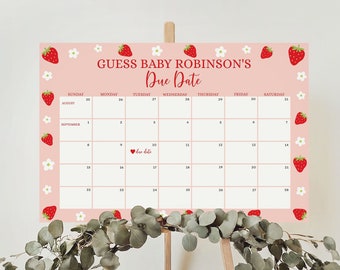 Strawberry Guess Arrival Date Calendar Sign, Berry Sweet Guess Baby's Due Date Calendar, Strawberry Baby Shower Decoration Corjl Template