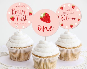 Editable Strawberry Birthday Cupcake Toppers, Berry First Party Cupcake Picks Girl 1st Birthday Berry Sweet Dessert Corjl Template