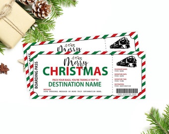 Op de afbeelding: Een printbare kerst-instapkaart met een rood, groen en wit gestreept ontwerp. De tekst luidt "Merry Christmas" en "Pak je koffers, je gaat op reis naar Destination Name".