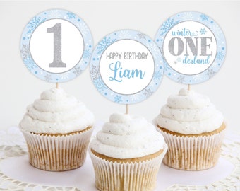 Winter ONEderland Cupcake Toppers, Winter Wonderland Birthday Decoration Cupcake Picks Editable First Birthday Cupcake Toppers Boy 1st 0002