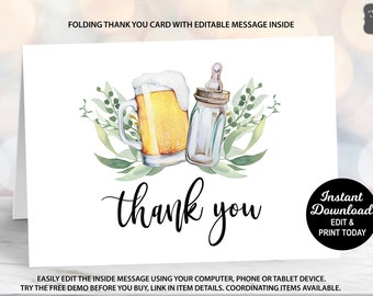 Thank You Card Folding, A Baby is Brewing Baby Shower, Editable Thank You Card, Beer Baby Shower, Coed Baby Shower, Printable