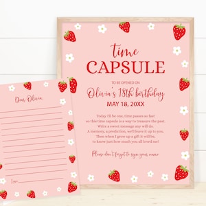 Strawberry Birthday Time Capsule Editable First Birthday Time Capsule Berry 1st Birthday Decoration Girl Blossom Corjl Template 0003