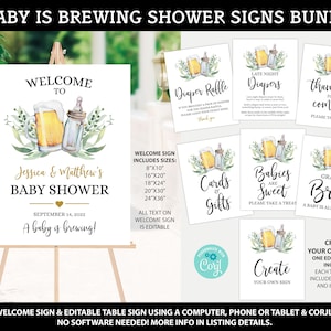 Op de afbeelding: Een set met printbare babyborrelborden met een bier- en babyfles-thema. De borden omvatten een welkomstbord, een luiers-loterijbord, een late-night-luiersbord, een bedankbord, een kaarten-en-cadeaubord, een baby's-zijn-zoet-bord, een pak-een-biertje-bord en een maak-je-eigen-bord. De borden zijn verkrijgbaar in verschillende formaten, waaronder 8x10 inch, 16x20 inch, 18x24 inch, 20x30 inch en 24x36 inch.