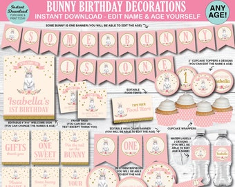Bunny Birthday Decorations Pink and Gold Printable, Some Bunny Is One, Bunny First Birthday Girl, Spring Birthday, Easter, INSTANT DOWNLOAD