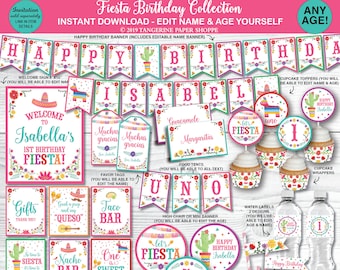 May include: A collection of printable fiesta party decorations featuring a colorful banner, cupcake toppers, water bottle labels, favor tags, food tents, and more. The decorations feature a cactus, flowers, and the words "Happy Birthday", "Fiesta", and "Uno".