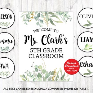 Botanical Classroom Door Display, Greenery Classroom Welcome Sign, Classroom Decoration, Name Tags, Editable Name Circles, Editable Label