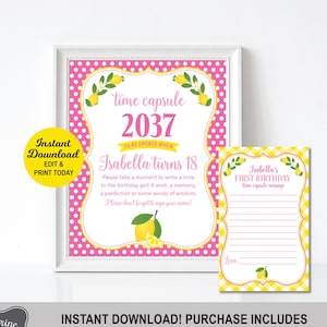 Lemonade time capsule first birthday sign, Pink Lemonade first birthday, Summer Birthday, Printable PDF File, Editable Instant Download