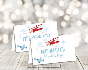 Editable Airplane Food Labels, Airplane Birthday Party Food Tents Printable Place Cards Buffet Cards Airplane Baby Shower Decoration 0003