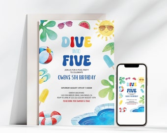 May include: A colorful invitation for a pool party to celebrate a child's 5th birthday. The invitation features a blue, red, and yellow text that says "Dive into Five" with a pool, beach ball, watermelon, and popsicle illustrations.