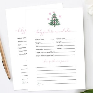 Cartes de prédictions et de conseils pour bébé, Noeud rose, Jeu de baby shower d'hiver, Noël, Conseils aux parents Coquette d'activité pour baby shower d'hiver 0031