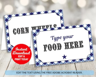 May include: Two printable food labels with a blue and white checkered pattern. The top label says "CORN WHIFFIS" and the bottom label says "Type your FOOD HERE" with a blue star.
