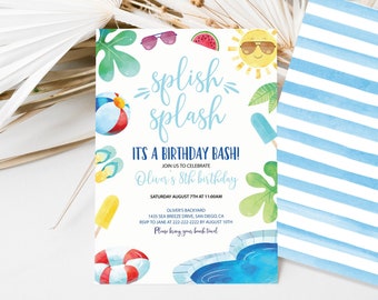 May include: A blue and white birthday invitation with a watercolor illustration of a pool, beach ball, flip flops, popsicle, watermelon, sunglasses, and a sun. The text reads "Splish Splash It's a Birthday Bash! Join us to celebrate Oliver's 8th birthday Saturday August 7th at 11:00 AM Oliver's Backyard 1435 Sea Breeze Drive, San Diego, CA RSVP to Jane at 222-222-2222 by August 10th Please bring your beach towel"