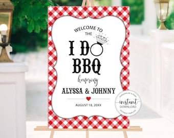 May include: A red and white checkered welcome sign for a wedding reception or engagement party. The sign says "Welcome to the I Do BBQ honoring Alyssa & Johnny August 18, 20XX".