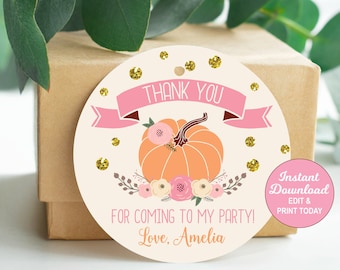 Pumpkin Favor Tags, Pumpkin Thank You Tags, Pumpkin First Birthday, Pink and Gold Pumpkin, Personalized, Printable PDF File INSTANT DOWNLOAD