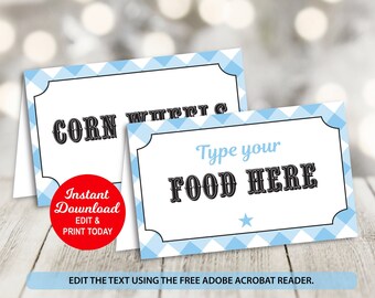 May include: Two printable food labels with a blue and white checkered pattern. The top label says "CORN WHIP" and the bottom label says "Type your FOOD HERE".