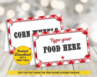 May include: Two printable food labels with a red and white checkered background. The top label says "CORN WHEAT C" and the bottom label says "Type your FOOD HERE" with a red star.