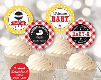 Baby Q Cupcake Toppers, Bbq Baby Shower Cupcake Toppers, Red and Blue, Couples Baby Shower, Printable PDF File INSTANT DOWNLOAD