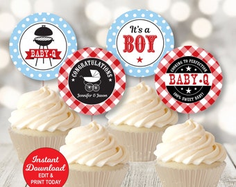 Baby Q Cupcake Toppers, Bbq Baby Shower Cupcake Toppers, Red and Blue, Couples Baby Shower, Printable PDF File INSTANT DOWNLOAD