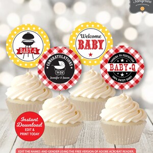 Baby Q Cupcake Toppers, Bbq Baby Shower Cupcake Toppers, Red and Blue, Couples Baby Shower, Printable PDF File INSTANT DOWNLOAD