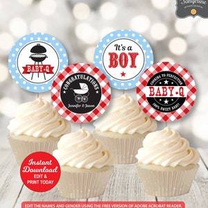 Baby Q Cupcake Toppers, Bbq Baby Shower Cupcake Toppers, Red and Blue, Couples Baby Shower, Printable PDF File INSTANT DOWNLOAD