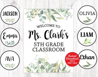 Botanical Classroom Door Display, Greenery Classroom Welcome Sign, Classroom Decoration, Name Tags, Editable Name Circles, Editable Label