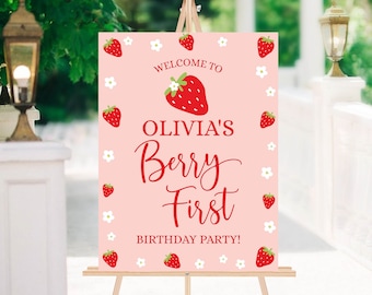 Strawberry Birthday Welcome Sign Berry Sweet Decoration Girl 1st Birthday Editable Strawberry Party Decoration Instant Download Template