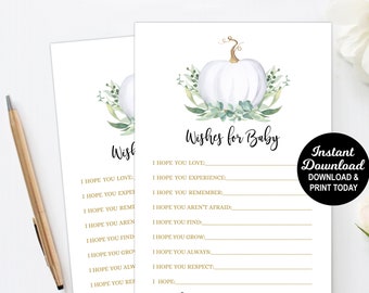 White Pumpkin Wishes For Baby, Little Pumpkin Baby Shower, Well Wishes To Baby Cards, Baby Shower Activity, Pumpkin Greenery, Printable