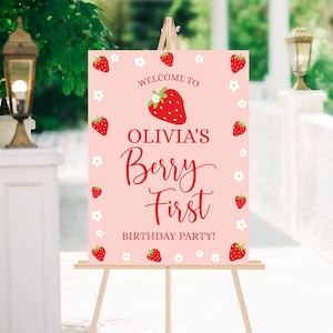 Strawberry Birthday Welcome Sign Berry Sweet Decoration Girl 1st Birthday Editable Strawberry Party Decoration Instant Download Template