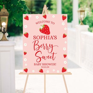 Strawberry Baby Shower Welcome Sign Berry Sweet Baby Girl Decoration Editable Strawberry Party Decoration Instant Download Template