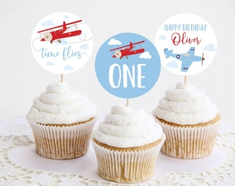 Editable Airplane Birthday Cupcake Toppers, Time Flies Party Cupcake Picks Boy 1st Birthday Any Age First Flight Dessert Corjl Template 0003